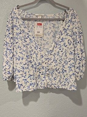 H&M White Blouse with Blue Floral Print and Button Front